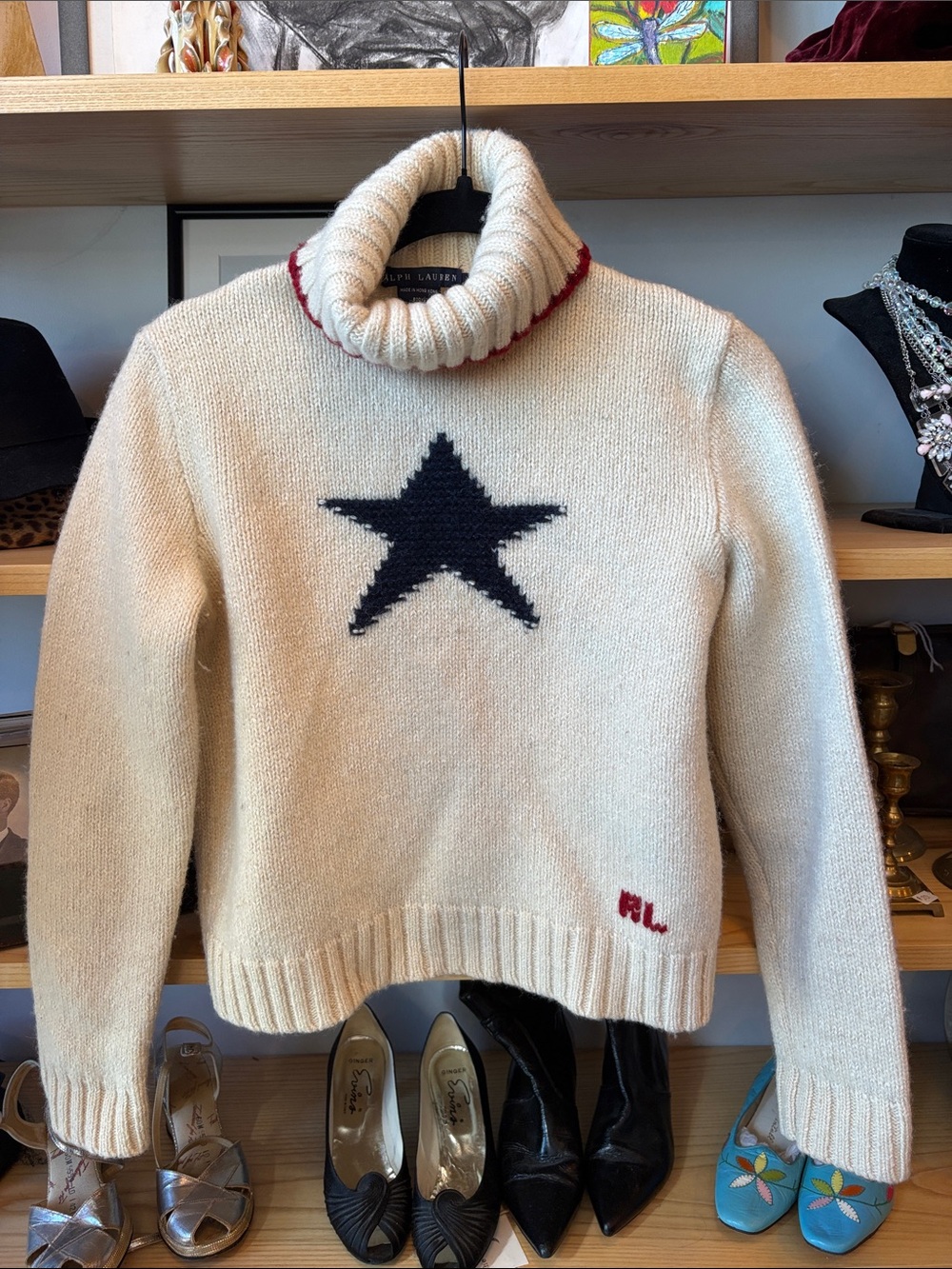 XS w or XL kids Ralph Lauren Cream Turtleneck Sweater with Navy Star